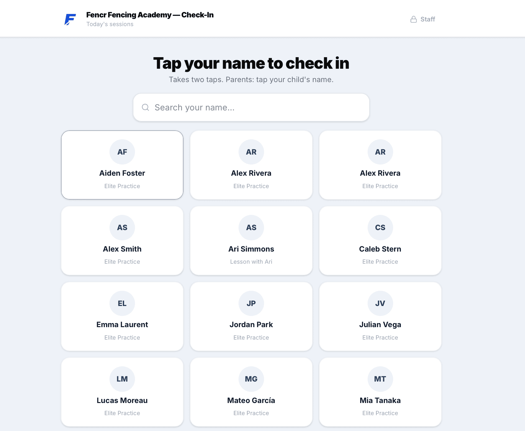 The FencR Check-In Kiosk roster: a club-branded screen that says Tap your name to check in, with a search bar and a grid of name cards for everyone booked today